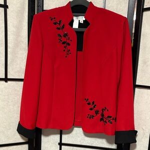 Coldwater Creek Red Open-Front Blazer with Black Beaded Floral Accents
